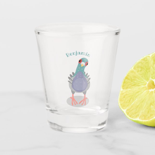 Funny curious pigeon cartoon illustration shot glass (Front)