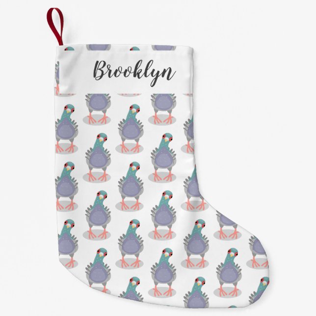 Funny curious pigeon cartoon illustration small christmas stocking (Front)
