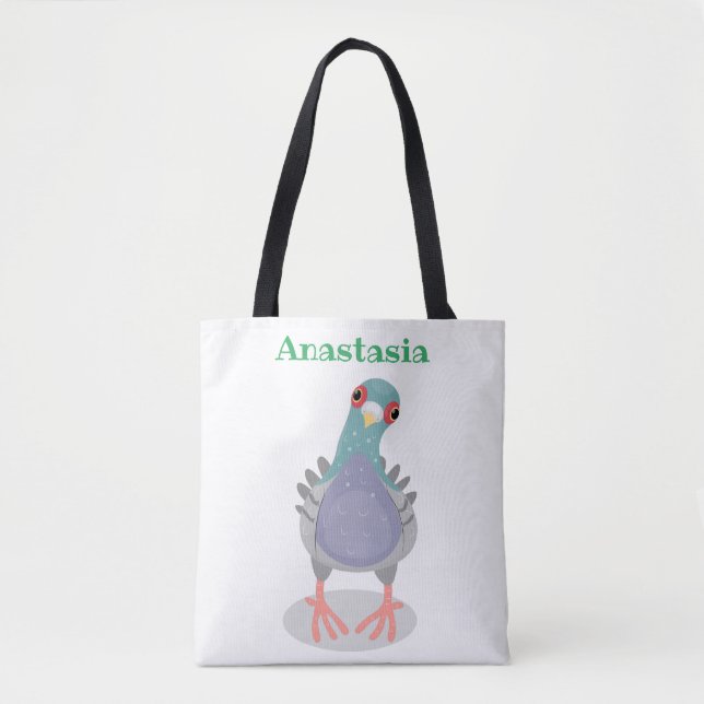 Funny curious pigeon cartoon illustration tote bag (Front)