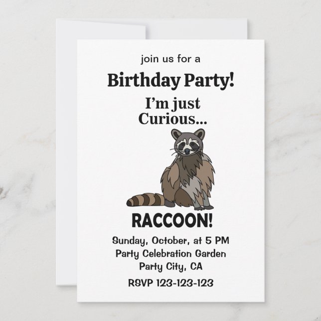 Funny Curious Racoon Birthday Party Invitation (Front)