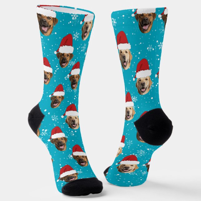 Funny Custom 3 Dog Faces Christmas Santa Hats Socks (Angled)