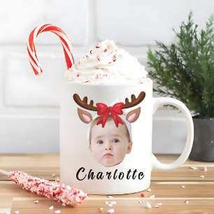 Funny Custom Baby Face Photo Christmas Reindeer Coffee Mug