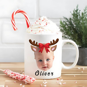 Funny Custom Baby Face Photo Christmas Reindeer Coffee Mug