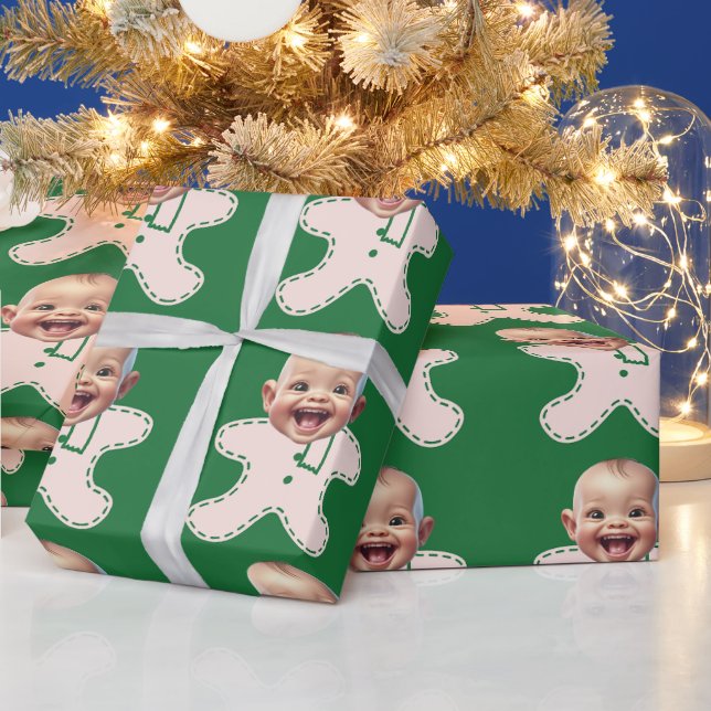 Funny Custom Baby Face Photo Gingerbread Christmas Wrapping Paper (Holidays)