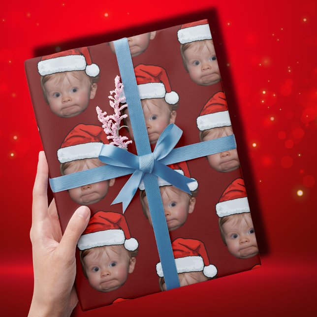 Funny Custom Baby Face Photo Santa Hat Christmas Wrapping Paper (Creator Uploaded)