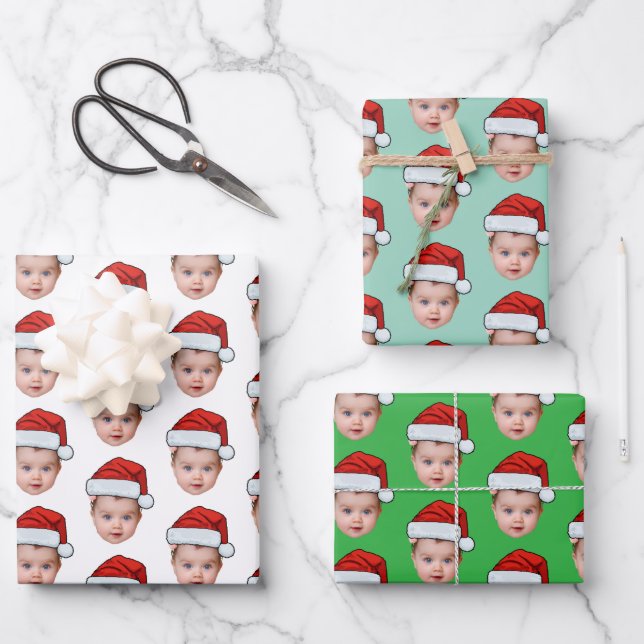 Funny Custom Baby Face Photo Santa Head  Wrapping Paper Sheet (Front)
