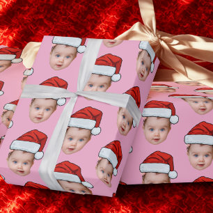 Funny Custom Baby Face Photo Santa Head Xmas Pink Wrapping Paper