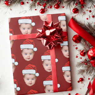 Funny Custom Baby Face Photo Santa Head Xmas Red Wrapping Paper