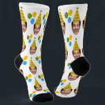 Funny Custom Birthday Face with Party Hat Socks<br><div class="desc">Celebrate in style with this funny custom birthday design, featuring your chosen face wearing a colourful party hat and surrounded by bright balloons. Personalise it by replacing the sample image with the birthday person’s photo and updating the hat with their age for a truly one-of-a-kind gift. Perfect for milestone celebrations...</div>