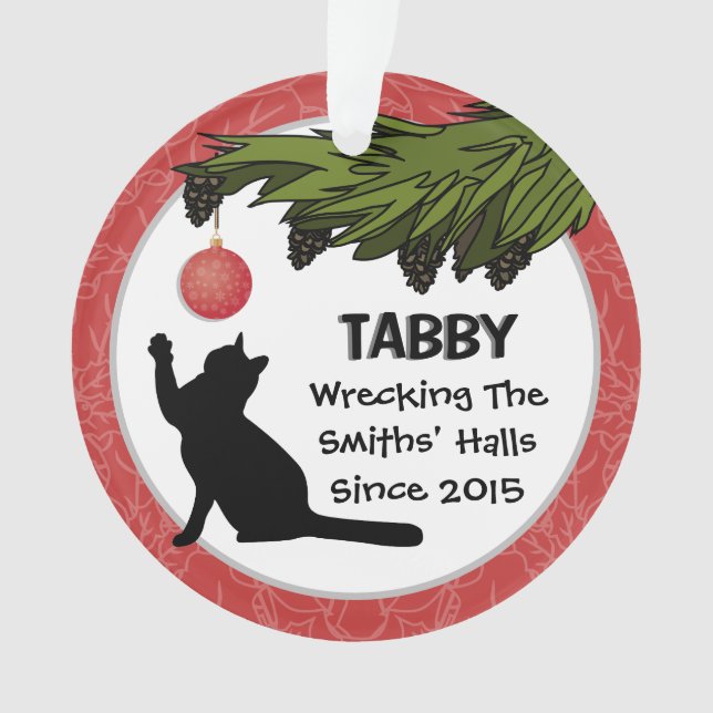 Funny Custom Cat and Owner Name Red Christmas Tree Ornament (Front)