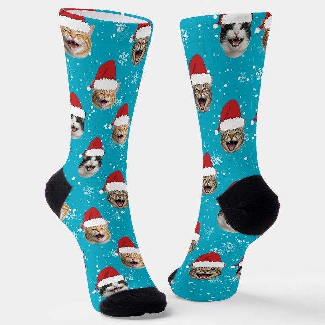 Funny Custom Cat Faces Christmas Santa Hats Socks (Angled)