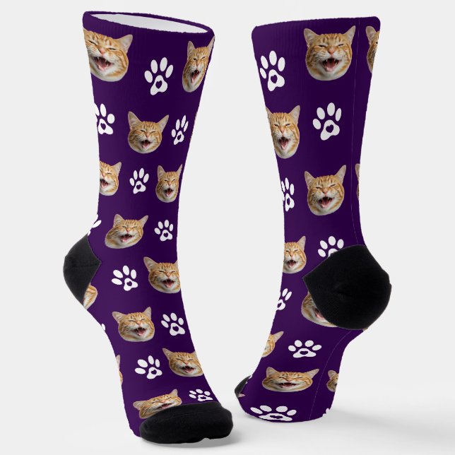 Funny Custom Cat Photo with Paw Pattern Purple Socks (Angled)