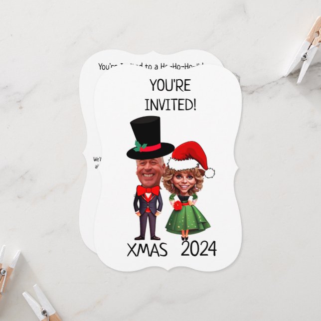 Funny Custom Christmas Couple Caricature  Invitation (Front/Back In Situ)