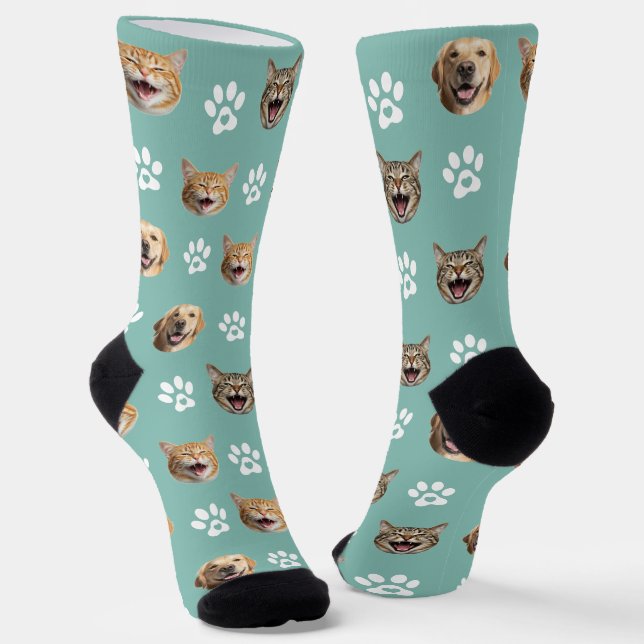 Funny Custom Dog & Cat 3 Photos with Paw Prints Socks (Angled)