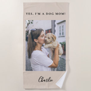 Funny Custom Dog Mum One Photo Name Pet Owner Chic Beach Towel