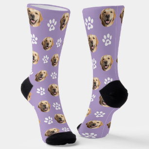 Funny Custom Dog Photo with Paw Pattern Purple Socks