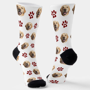 Funny Custom Dog Photo with Red Paw Pattern Socks