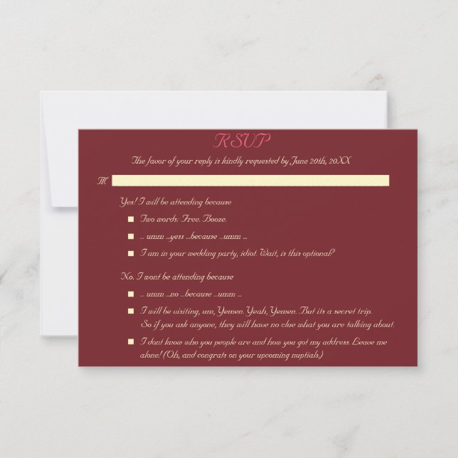 Funny Custom Elegant Wedding RSVP Invitation Card (Front)