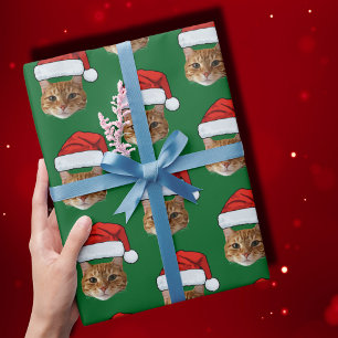 Funny Custom Face Cat Photo Santa Hat Christmas Wrapping Paper