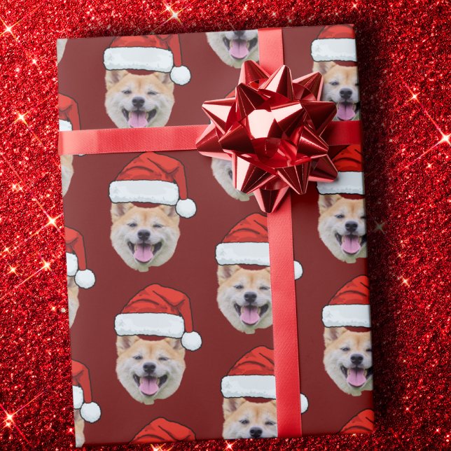 Funny Custom Face Dog Photo Santa Hat Christmas Wrapping Paper (Creator Uploaded)