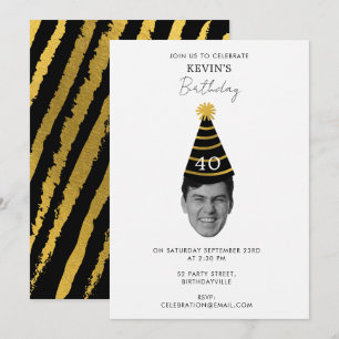 Funny Custom Face Photo Black Gold Birthday Party Invitation