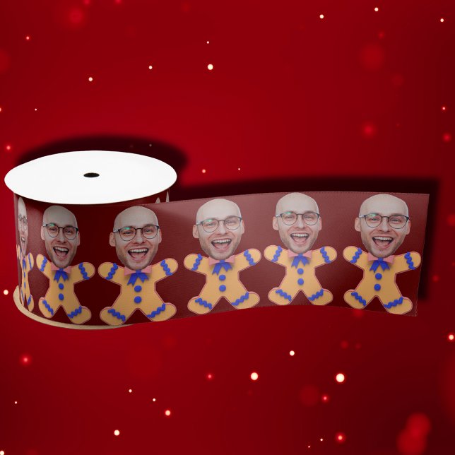 Funny Custom Face Photo Gingerbread Men Christmas Satin Ribbon (Creator Uploaded)