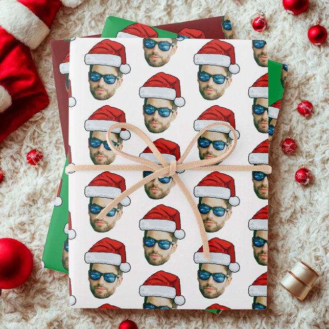 Funny Custom Face Photo Santa Claus Hat Christmas Wrapping Paper Sheet (Creator Uploaded)