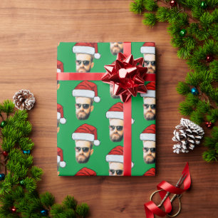 Funny Custom Face Photo Santa Hat Christmas Green Wrapping Paper