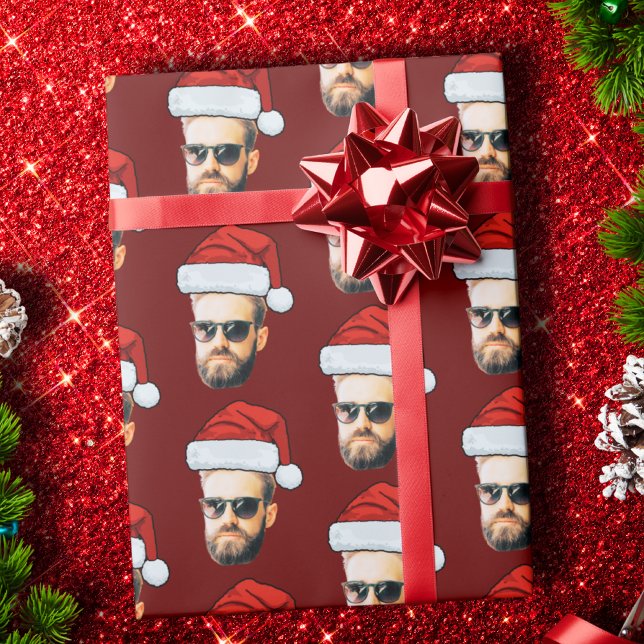 Funny Custom Face Photo Santa Hat Christmas Red Wrapping Paper (Creator Uploaded)