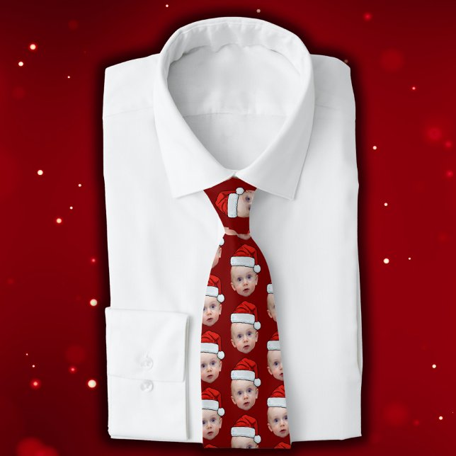 Funny Custom Face Photo Santa Head Christmas Red Tie (Creator Uploaded)