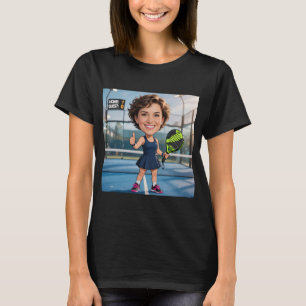 Funny Custom Head Black Caricature Padel Player T-Shirt