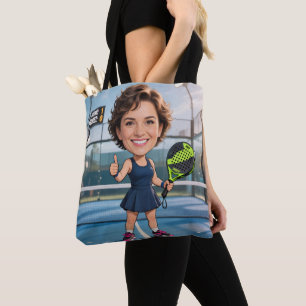 Funny Custom Head Blue Court Caricature Padel Tote Bag