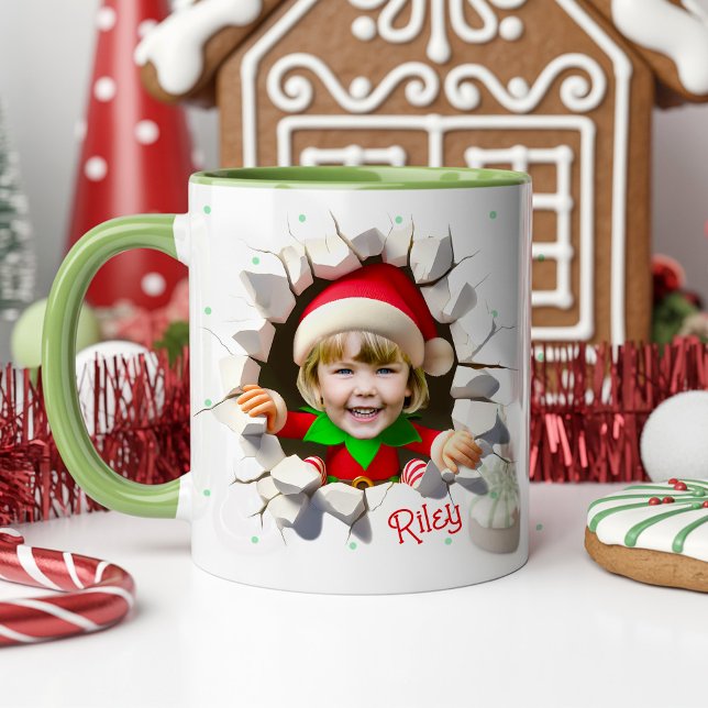 Funny Custom Kids Face Photo Christmas Elf Name Mug (Funny Custom Kids Face Photo cute Elf Personalized Name Christmas Hot Chocolate Holiday Mug Gift)