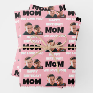 Funny Custom Kids Face Photo Happy Birthday Mom Wrapping Paper Sheet