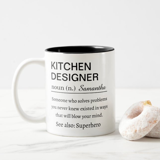 Funny Custom Kitchen Designer Definition Modern Two-Tone Coffee Mug (With Donut)