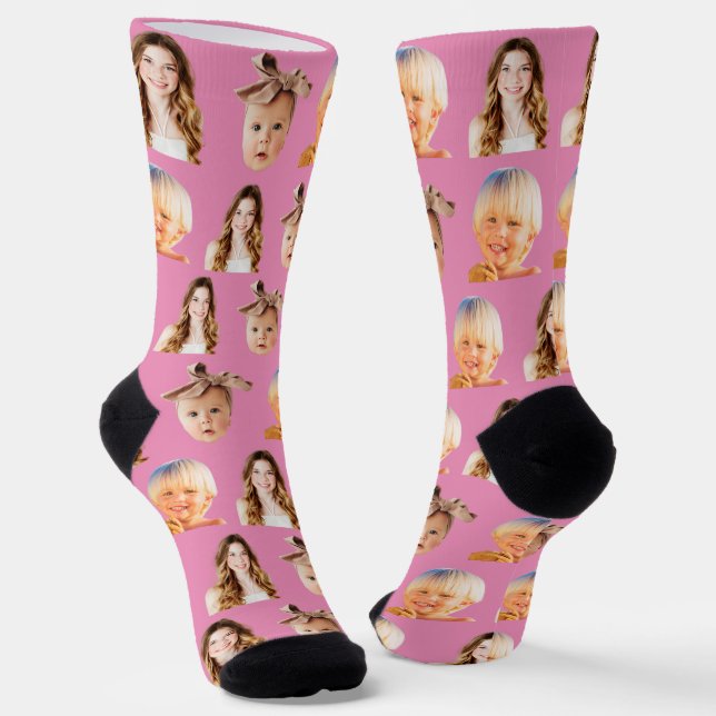 Funny Custom Mum of 3 Kids Photo Pink Socks (Angled)