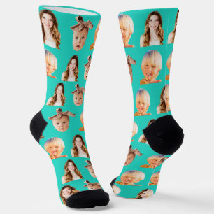 Funny Custom Mum of 3 Kids Photo Turquoise Socks
