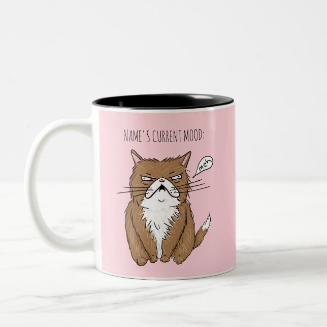 Funny Custom Name Current Mood Meh Pink Cat Mug (Left)