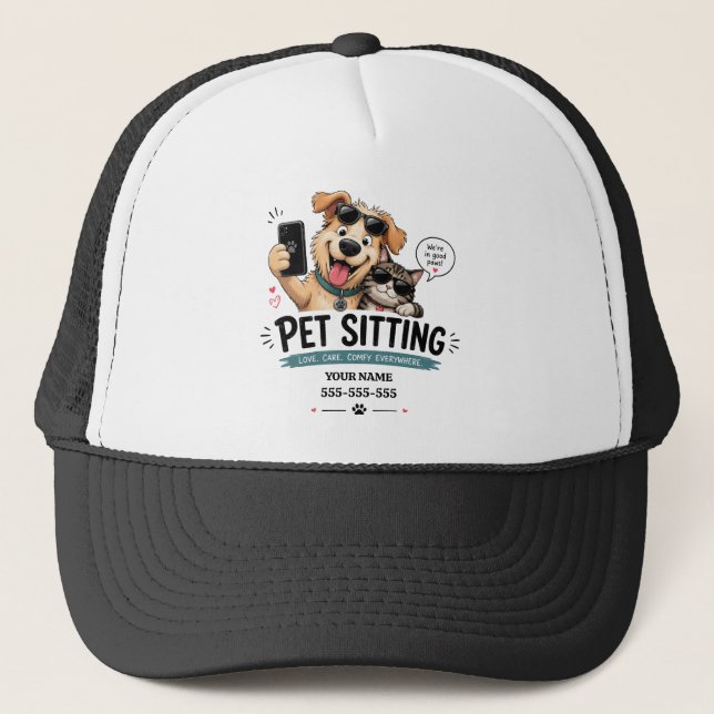 Funny Custom Name & Phone Pet Sitter Trucker Hat  (Front)