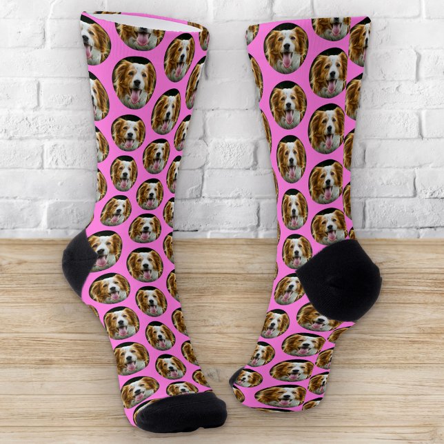 Funny Custom Pet Photo Grid Pattern Pink Humour Socks (Creator Uploaded)