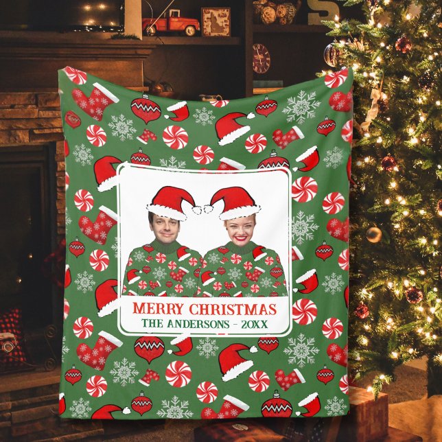Funny Custom Photo Merry Christmas Ugly Sweater Fleece Blanket (Creator Uploaded)