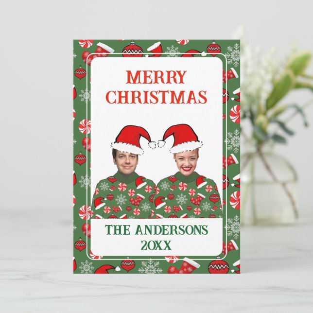 Funny Custom Photo Merry Christmas Ugly Sweater Holiday Card (Standing Front)