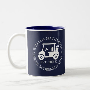 Funny Custom Retirement Golf Cart Buggy Navy Blue Two-Tone Coffee Mug