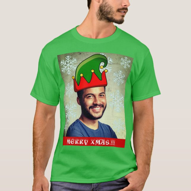 Funny custom Xmas. Elf hat photo T-Shirt (Front)
