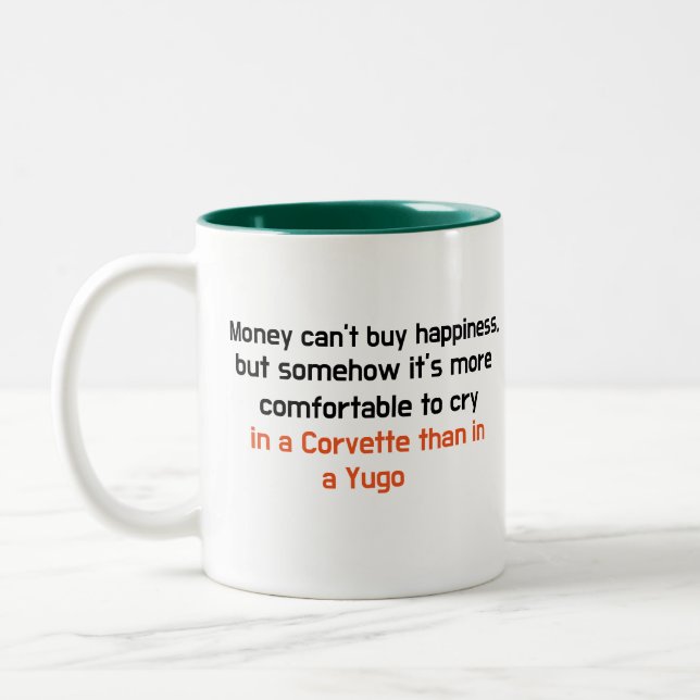 Funny Customisable Mug: Money Can't Buy Happiness Two-Tone Coffee Mug (Left)