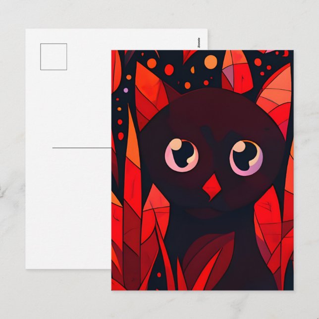 Funny Cut Cat Hiding Behind Leaves Anime Style Holiday Postcard (Front/Back)