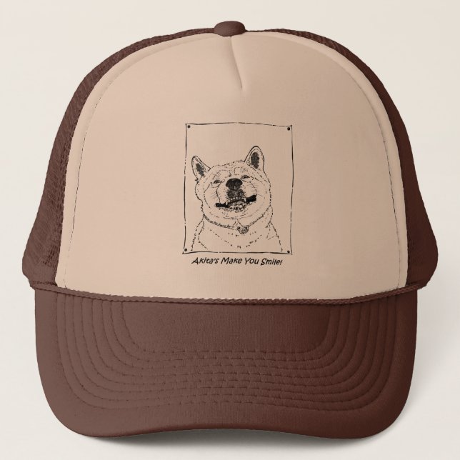 funny cute akita smiling realist dog art trucker hat (Front)