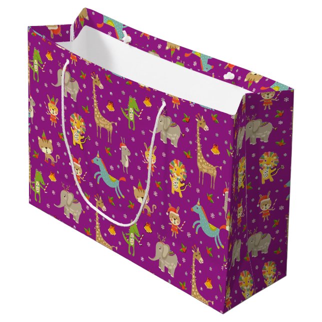 Funny Cute Animals Celebrating Christmas Large Gift Bag (Front Angled)