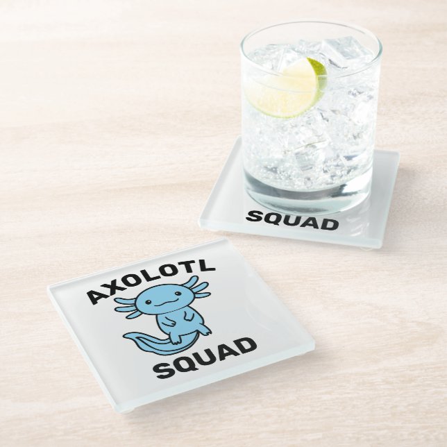Funny cute Axolotl Squad custom editable blue Glass Coaster (Angled)