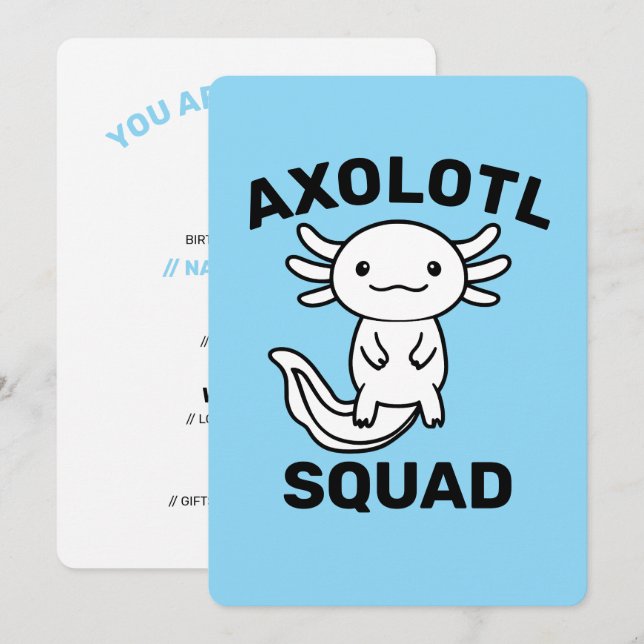 Funny cute Axolotl Squad custom editable blue Invitation (Front/Back)
